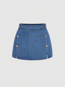SHEIN MOD Shorts vaqueros casuales de verano para mujer con decoración de botones - Azul - Ver 5
