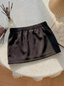 SHEIN 少女黑色低腰迷你紧身裙，休闲优雅的夏季校园风 - 黑色 - 查看 2