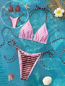 Swim Mod New Arrival Spring/Summer Reversible Polka Dot Printed Tie-Front Cute & Sexy Bikini Swimwear For Beach Vacation - Multicolor - View 2