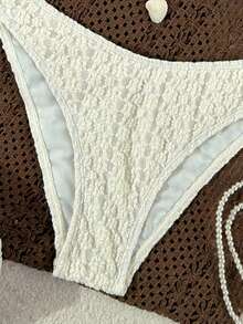 Swim Mod 2026 Spring/Summer White Spaghetti Strap Textured Bubble Fabric Side High-Cut Thong Bikini Set, Sweet Vacation Style Suitable For Beach Photos - Apricot - View 4