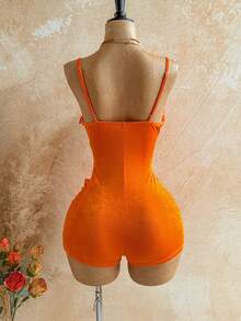 Soleia Women's Vacation Solid Color Frill Trim Hollow Out Sexy Camisole Romper - Orange - View 2