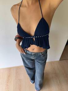 Aloruh Black Rivet Halter Backless Sexy Camisole - Navy Blue - View 4