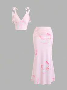 Sweetra Women's Pink Floral Print High Elasticity Deep V-Neck Camisole Tie-Up Fitted Low Waist Sexy Sweet Romantic Beach Vacation 2-Piece Set - Pink - View 1