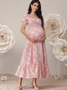 SHEIN Đầm bầu tay cánh hoa thanh lịch bằng vải jacquard cho mùa hè - Hồng - Xem 5