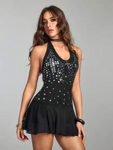 ROMWE Grunge Punk Đầm ngắn hở lưng gợi cảm họa tiết chữ thập dành cho nữ, phù hợp với lễ hội âm nhạc Y2K. - màu đen - Xem 8