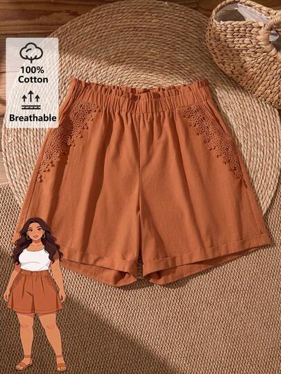 EMERY ROSE Plus Size Casual Solid Color Lace Trim Shorts For Summer/ Vacation