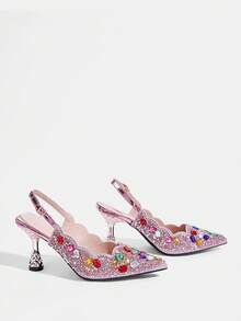 CUCCOO TILAWA Fashionable High Heels Designed For Women, Elegant Pointed Toe Style, Sexy Stiletto Heel Suitable For All Seasons, Shallow Backless With Rhinestone Decor Suitable For Various Stylish Outfits - Pink - View 3