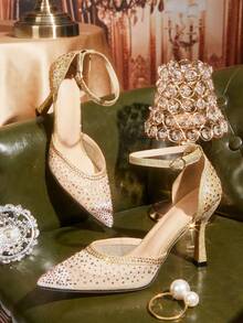 CUCCOO TILAWA 优雅女士尖头镂空高跟鞋 - 时尚性感水钻网面透气优雅百搭女士高跟鞋 - 适合婚礼、晚宴、派对和舞会 - 金色 - 查看 1