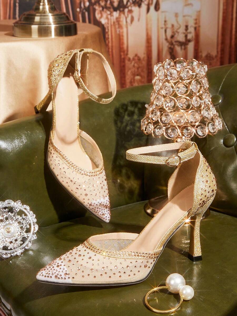 CUCCOO TILAWA 优雅女士尖头镂空高跟鞋 - 时尚性感水钻网面透气优雅百搭女士高跟鞋 - 适合婚礼、晚宴、派对和舞会 - 金色 - 查看 1