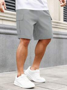 Manfinity Homme 夏季加大码男士休闲纯色工装短裤 - 灰色 - 查看 5