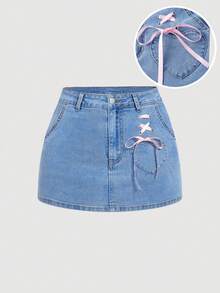 SHEIN MOD Chân váy denim nữ kiểu dáng thường ngày với thiết kế dây buộc khoen và túi. - Rửa nhẹ - Xem 1