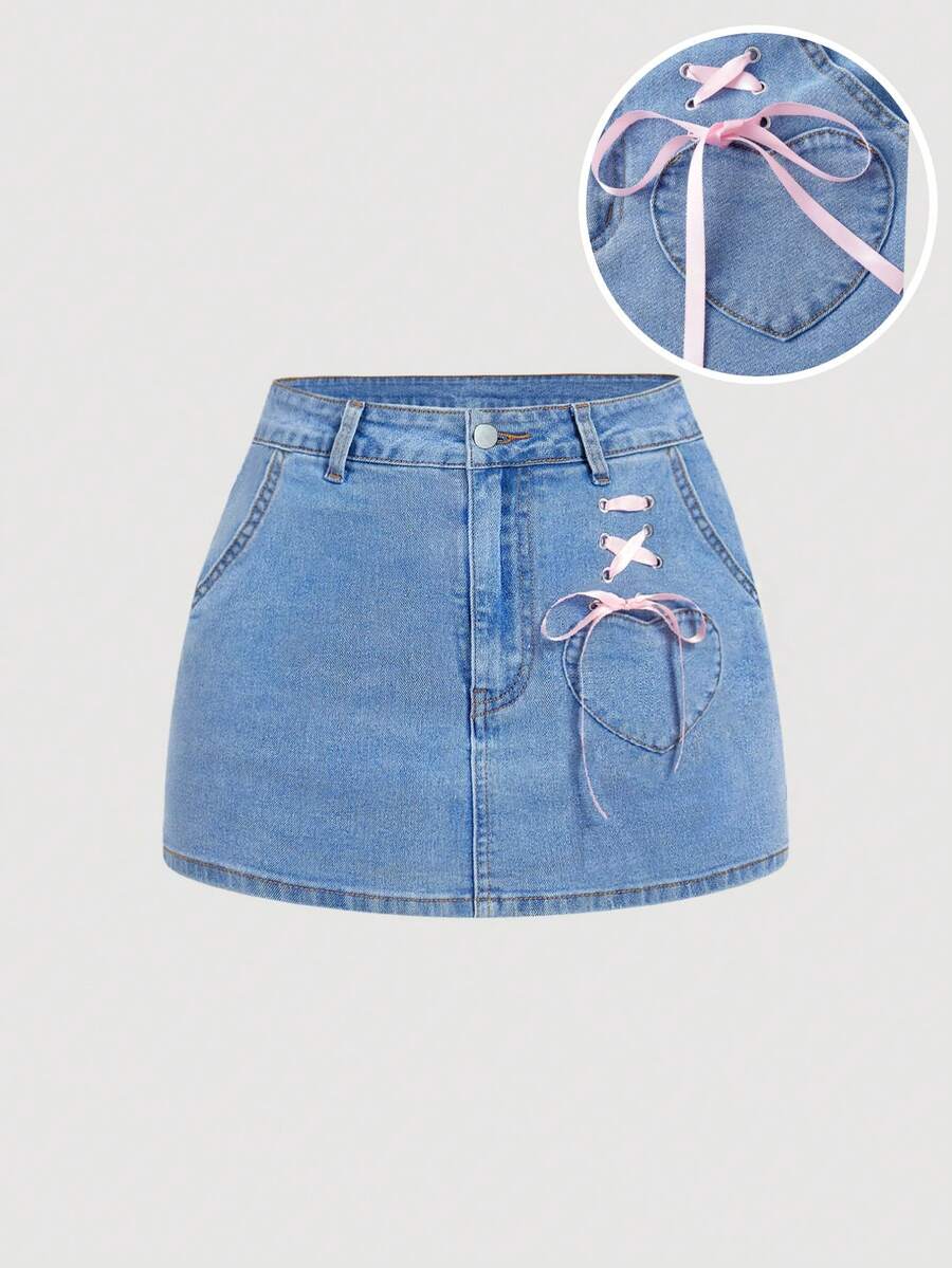 SHEIN MOD Chân váy denim nữ kiểu dáng thường ngày với thiết kế dây buộc khoen và túi. - Rửa nhẹ - Xem 1