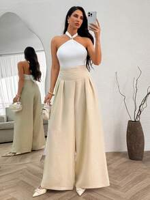 SHEIN Paper Belt High Waist Wide Leg Trousers Fake Linen - Beige - View 6
