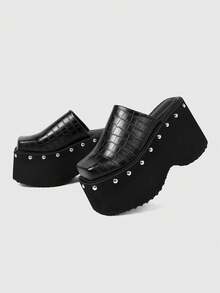 ROMWE Grunge Punk Women's Black Crocodile Embossed Studded Square Toe Platform Sandals - Black - View 4