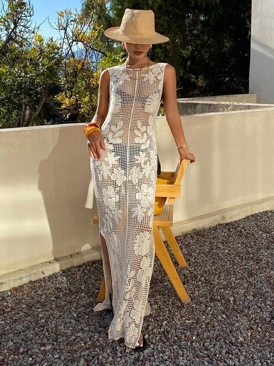 DAZY 女士钩针镂空波西米亚风罩衫，夏季度假必备 - 米色 - 查看 1