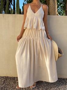 Livesso Bộ đồ nữ thanh lịch gồm áo hai dây cổ chữ V màu trắng và chân váy xòe dáng rộng, thích hợp cho kỳ nghỉ hè và các bữa tiệc. - Màu be - Xem 5