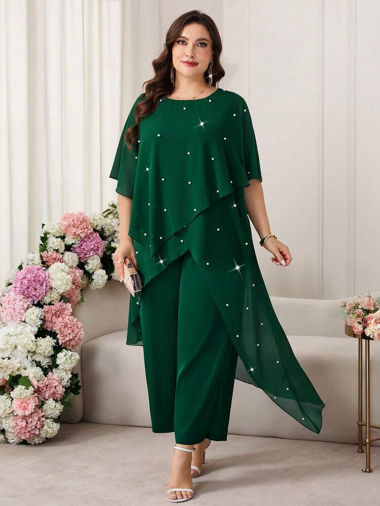 Reflora Conjunto de 2 piezas de top asimétrico de gasa y pantalones largos para mujer talla grande, adecuado para la madre de la novia, fiestas y otras ocasiones - Verde Oscuro - Añade 4