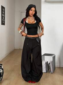 Coolane 女士春季音乐会穿搭街头风 Y2K 时尚休闲蕾丝拼接露背方领短款抹胸T恤 - 黑與白 - 查看 4