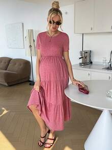 SHEIN Vestido de maternidad de unicolor con volantes en el bajo y cuello redondo de manga corta - Rosa - Ver 12