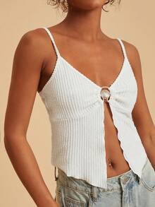 Travachic Solid Color Metal Decor Slit Textured Camisole Tank Top, Vacation Wear,Summer Outfits For Women,Beach Outfits For Woman,Women,Concert Outfit Women,Boho,Summer Top - Apricot - View 2
