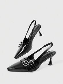 Sleekvia Women's Black Pointed Toe Front Button Gold Square Hollow Asymmetric Heel Pumps, Commuting & Casual Street Style - Black - View 6