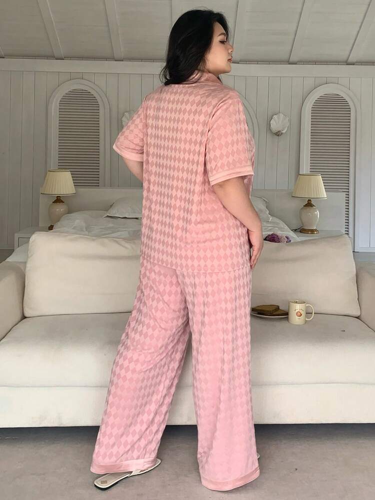 Dazy Plus Plus Size Women Argyle Print Short Sleeve Button-Up Top And Pants Pajama Set