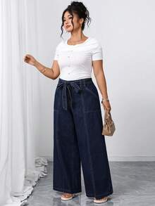 Elenzga Plus Size Women's Elegant Loose Comfortable Dark Blue Non-Stretch Wide Leg Jeans - Dark Wash - View 3