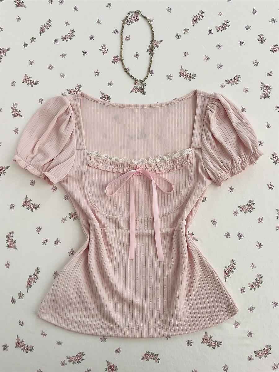 Elamini Damen süße hellrosa Schleife Rüschen Saum Kurzarm Top - Babypink - Übersicht 1
