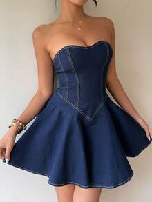 Siren Gaze 女士夏季时尚束腰无肩带牛仔连衣裙 - 深色水洗藍 - 查看 5