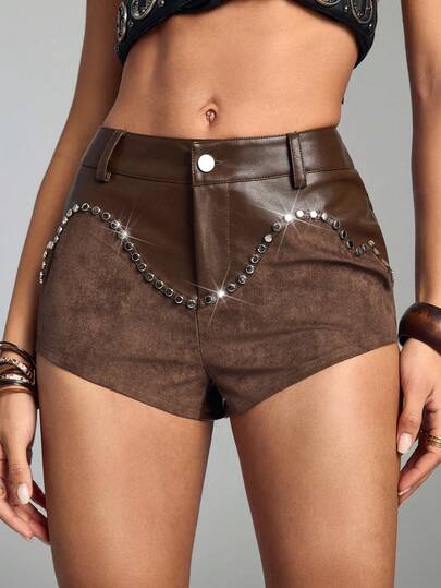 ROMWE Hippie 嬉皮风超低腰紧身拼接PU皮革超短裤