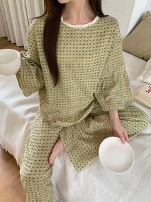 DAZY 2件套女士格子蕾丝拼接宽松七分袖直筒长款睡衣套装，夏季 - 綠色 - 查看 12