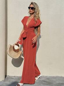 Serisse Women's Minimalist V-Neck Cinched Waist Jumpsuit, Suitable For Summer Vacation - Redwood - View 3