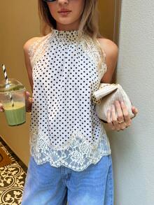 Serisse 女士波点印花蕾丝拼接吊带上衣，夏季法式黑白波点蕾丝荷叶边无袖吊带衫，精致蕾丝镂空设计，日常穿着、咖啡馆、朋友聚会、夏季上衣、海滩度假、派对上衣、外出上衣、优雅女士衬衫、休闲女士衬衫、波点上衣、白色上衣 - 米色 - 查看 7