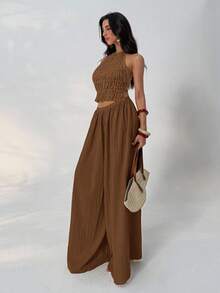 Aloruh Summer Loose Textured Casual Pants - Brown - View 4