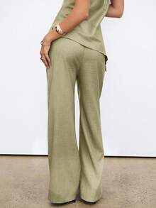 Aloruh Women's Faux Linen Lapel Neck Sleeveless Top And Pants Set, Commuting Style - Green - View 4