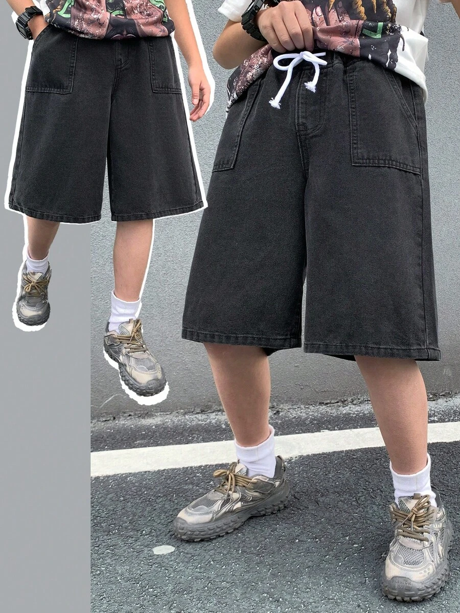 SHEIN 青少年男孩时尚休闲 Y2K 复古酷炫街头基础款简约舒适弹力腰黑色牛仔宽松短裤,适合日常穿着、春夏锐舞节和街头服饰。 - 黑色 - 查看 1