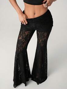 SHEIN ICON Women's Lace Low Waist Front Ruched Flare Pants, Sheer Sexy For Outing - Black - View 7