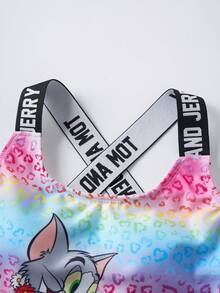 TOM & JERRY X SHEIN Tween Girl Gradient Heart Cartoon Print One-Piece Swimsuit, Beach Vacation - Multicolor - View 7