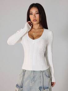 SHEIN PETITE Áo len cổ chữ V màu trắng dành cho nữ mùa thu đông, phong cách cổ điển Preppy Y2K, thích hợp mặc hàng ngày đi chơi, dự hội chợ thời Phục Hưng, câu lạc bộ. Áo len cổ chữ V sâu, áo dệt kim dài tay màu trắng. - trắng - Xem 13