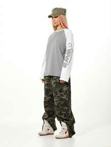 SUMWON WOMEN Sweatshirt Lengan Panjang Wanita dengan Desain Blok Warna, Cetakan Grafis, dan Lengan Raglan untuk Pakaian Kasual Sehari-hari - Grey - View 4