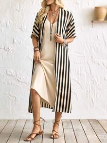 Breezaya 优雅V领杏色吊带连衣裙 & 黑/杏色条纹长款开衫 女士两件套，春夏新品 - 杏色 - 查看 4