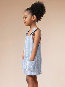 SUMWON 女童浅蓝色碎花连体衣，白色刺绣，系带肩带，夏季连体裤 - 淺藍色 - 查看 3