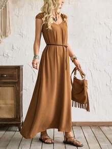 Breezaya Women's Caramel Textured Slip Dress, V-Neck Loose Drape Elegant Dress With Metal Strap - Coffee - View 3