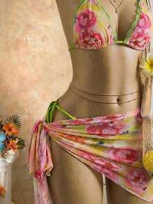 SaltGleam SaltGleam Women's Sexy Floral Print Lace Trim Halter Bikini Set With Cover-Up And Skirt - Multicolor - View 4