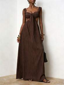 Zivah 2026春夏新品，适合情人节、音乐节、复活节、西部风、游牧风、波西米亚风、纳什维尔风格派对、婚礼、晚宴、约会、聚会、生日、大学、学生、日常穿着、百搭基础款、休闲、度假、邮轮旅行、海滩、日光浴、潮流、优雅、通勤、商务休闲等场合。方领高腰镂空前褶裥腰部竖纹面料长款连衣裙，春夏棕色长款连衣裙，休闲连衣裙，度假连衣裙，女装。 - 摩卡棕 - 查看 11