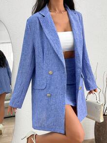 SHEIN Gold Button Detailed Mesh And Top Set - Blue - View 3