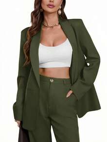 Aveloria Modichic Áo blazer dáng suông cổ bẻ, mở phía trước. - màu xanh lá - Xem 4