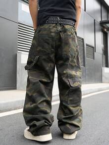 Manfinity Hypemode 男士休闲多口袋迷彩牛仔工装裤，街头时尚 - 軍綠色 - 查看 5