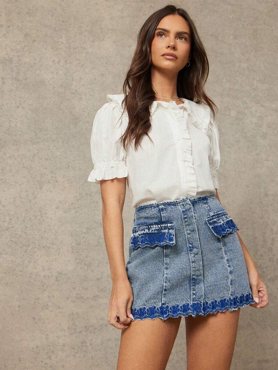 WESTFADE 扇形边刺绣牛仔迷你裙 - 淺色水洗藍 - 查看 1