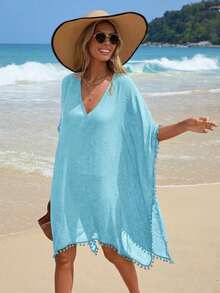 Swim Vcay 女士纯色V领宽松流苏装饰沙滩度假罩衫连衣裙，春夏秋季 - 淺藍色 - 查看 4